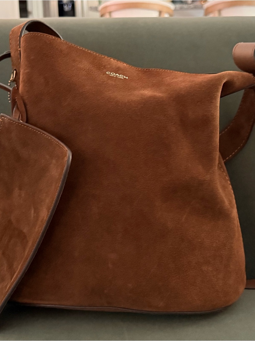 Coach Suede Shoulder Bag in Chestnut Brown with Gold Logo